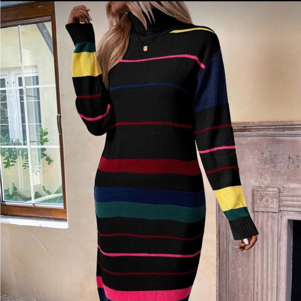 Striped Pattern Colorblock Sweater Dress. - Picture 12 of 16
